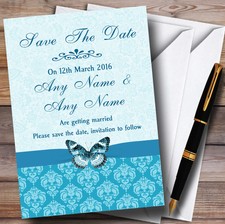 Tiffany Blue Turquoise Floral Butterfly Personalised Wedding Save The Date Cards