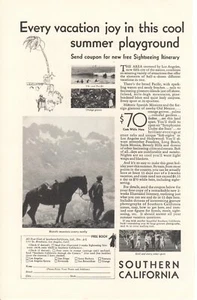 Anuncio impreso vintage década de 1930 viaje al sur de California caballo montaña - Imagen 1 de 2