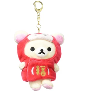JAPAN San-X Rilakkuma Bear PINK Furry Plush "GOOD LUCK" Key Bag Clip Ring Medium - Picture 1 of 3