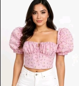 Puff Sleeve Crop Corset Top Pink Floral Cottage Core Fairy Core Regencycore - Picture 1 of 10
