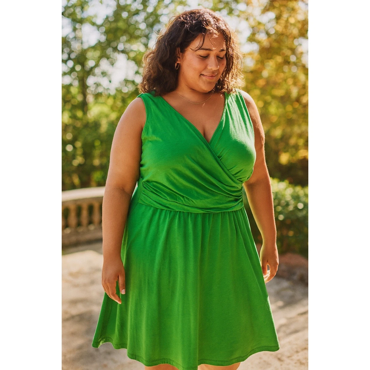 Knee Length Dress BEDOAR Women's Plus Size Floral  Knee-Length A-Line Swing  Dress With Pockets, Green Floral Print V-neck Dress