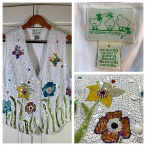 The Quacker Factory Vest Flowers Butterflies White Sequins Beaded Bling Maximal - Picture 1 of 15