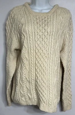 Suéter feminino pescador tricotado à mão 100% lã irlandesa cabo marfim 38" peito - Imagem 1 de 4