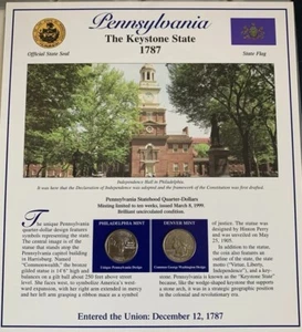 1999 Pennsylvania Statehood Uncirculated Quarter/Stamp place card. - Picture 1 of 3