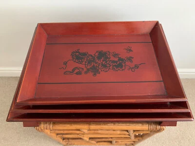 Vintage Braun Lack Tabletts Orientalisch Asiatisch Japanisch Chinesisch X 3 - Bild 1 von 4