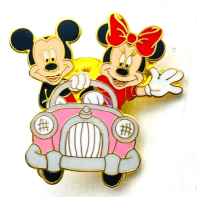 WALT DISNEY TRAVEL CO Pin Mickey Minnie Mouse Pink Car Gold Tone 2001 - Image 1 of 4