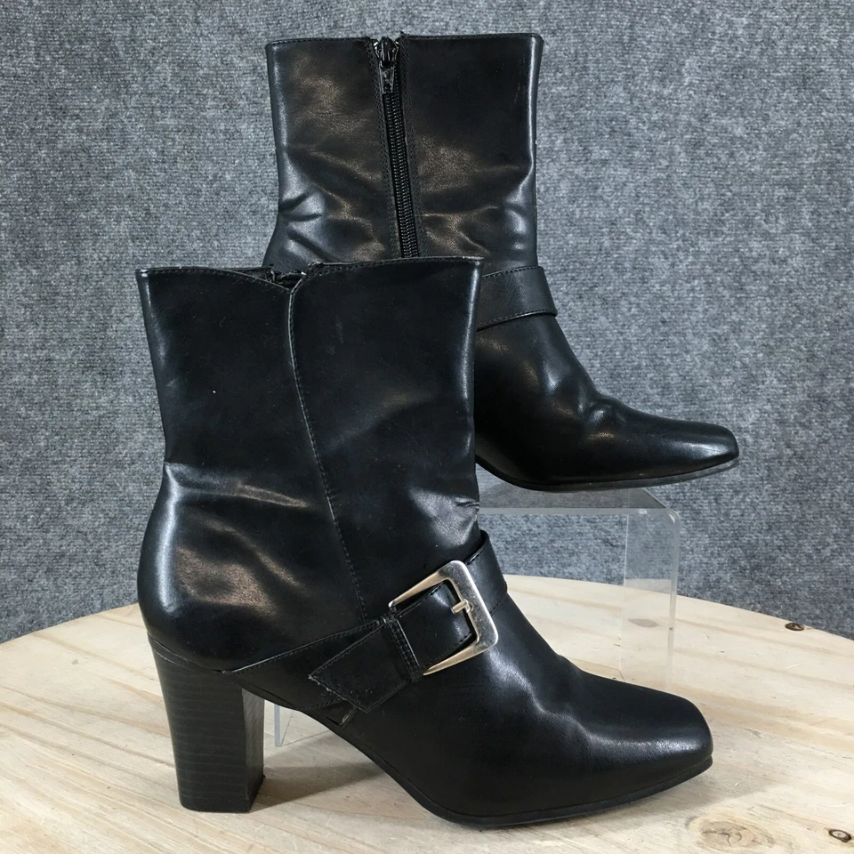 Predictions 靴子女式 7 踝短靴黑色皮革拉链扣粗跟 — 第 1/4 张图片