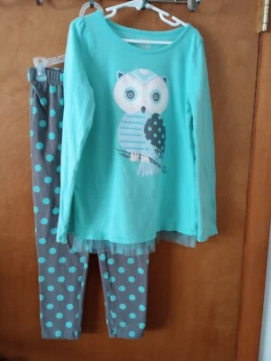 Girl's Faded Glory Gray Mint Green Owl Cotton Polka Dot Leggings LS Top Set Sz 8 - Image 1 of 4