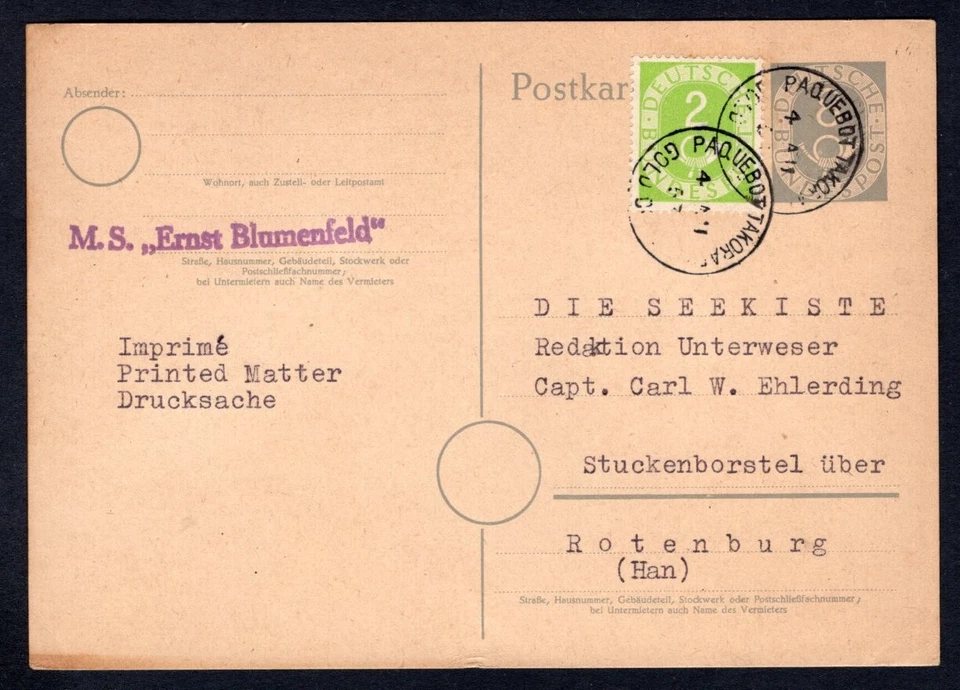 GERMANY 1953 Posthorn Numeral Postal Card GOLD COAST Paquebot Ship E Blumenfeld - Image 1 of 2
