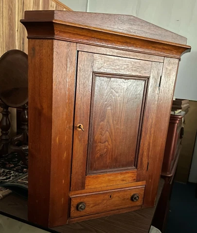 ANTIQUE 1800's CORNER HANGING CUPBOARD CABINET WALNUT w/ DRAWER Local Pickup NC Cover