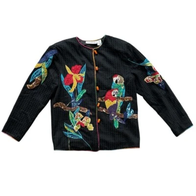 Chaqueta Drapers & Damons Vintage Negra Bordada Loro Palanca Mujer Pequeña Foto 1 de 4