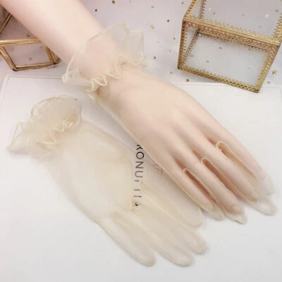 Mujeres Guantes Cortos de Tul Boda Hoja de Loto Encaje Transparente Dedo Completo Guantes Mitón Foto 1 de 4