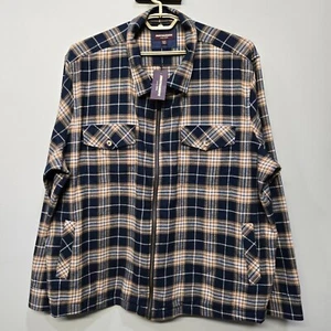 Johnston Murphy Flannel Jacket Shacket Shirt Men XXXL Brown Blue Plaid Full Zip - Picture 1 of 9