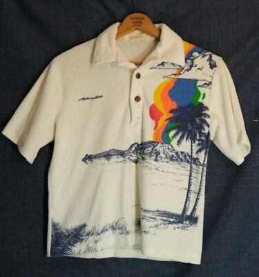Vtg 1970's Lightning Bolt Terry Cloth Surf Skate Polo Shirt Volcano # 2 Dogtown - Image 1 of 4