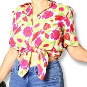 Callan Designs vintage Floral Blouse 90s bright pink fluro pink tropical shirt M - Bild 1 von 5