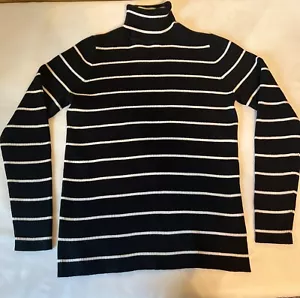 Lauren Ralph Lauren Medium Black White Striped Knit Rolled Turtle Neck Sweater - Picture 1 of 9