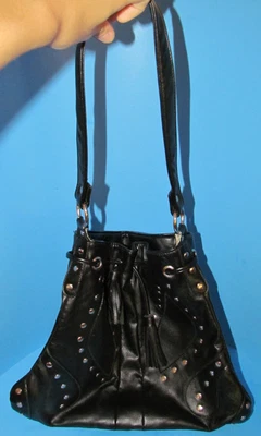 Vtg Bulga? Rare Black Leather Studded Shoulder Bag Tassel Fringe L@@K - Image 1 of 4