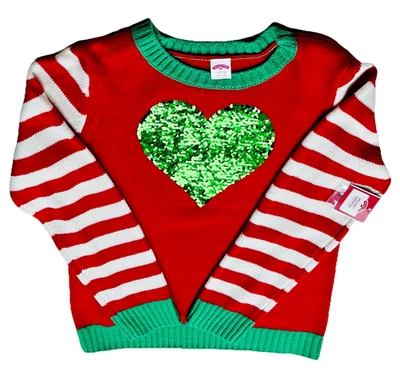 Suéter de Navidad HOLIDAY TIME ~ Lentejuelas abatibles Verde/Corazón plateado ~ Niñas XL 14-16 NUEVO CON ETIQUETAS Foto 1 de 4