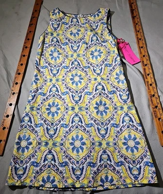  Nwt Betsey Johnson Dress Womens Size 10 Yellow Blue Shift Midi Sheath  - Image 1 of 4
