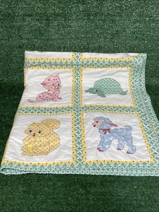 VTG Baby Blanket Handmade Crib Patchwork Quilt Baby Animals Granny Quilt 45x40 - Picture 1 of 6