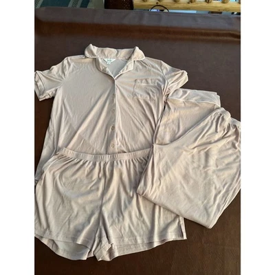 3 Piece Pink Ribbed Button Up Pajama Set Top Shorts and Pants Size L - Image 1 of 4