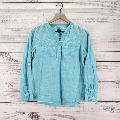 Talbots Linen Pintuck Popover Shirt Womens S Petite Blue Roll Tab Beach Minimal - Image 1 of 4
