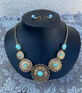 Western Equestrian Antique Copper W/Turquoise Stones Necklace Set - Picture 1 of 1
