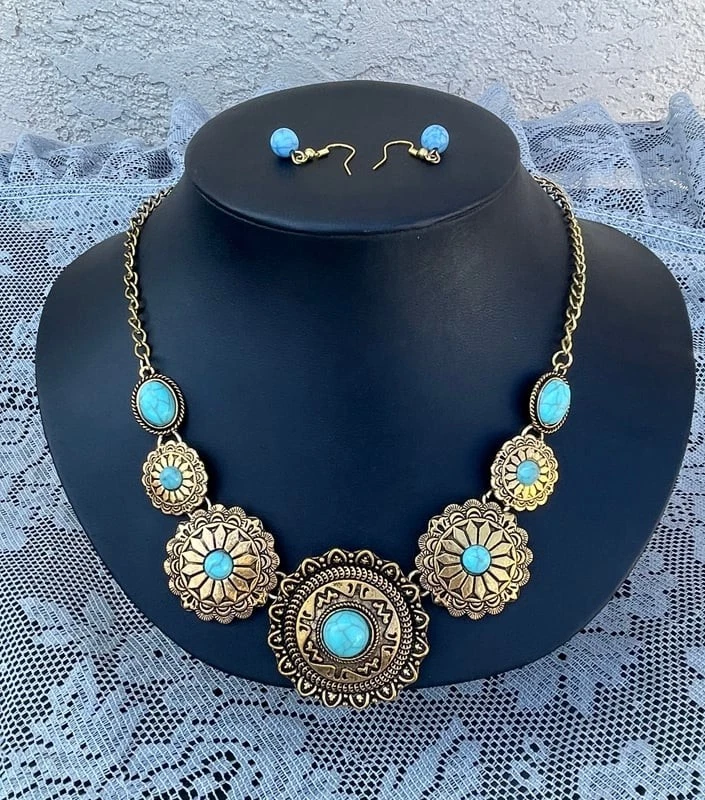 Western Equestrian Antique Copper W/Turquoise Stones Necklace Set - Image 1 of 1
