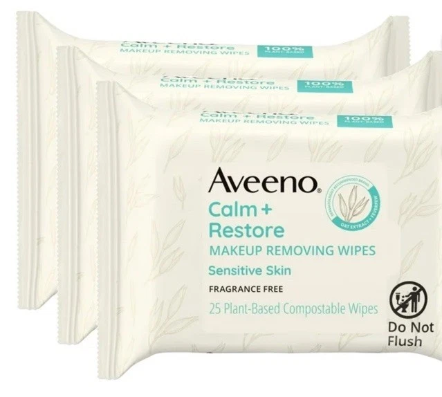 Paquete de 3) Aveeno Calm+ Restaurar toallitas faciales desmaquillantes sin perfume, 25 quilates envío gratuito Foto 1 de 1