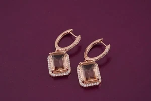 5Ct Emerald Cut Morganite Lab Created Halo Dangle Earring 14K Rose Gold Plated - Picture 1 of 20