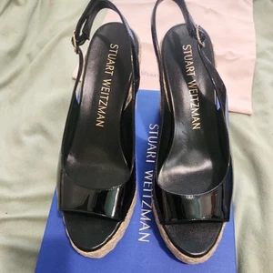 Stuart Weitzman Island Peeptoe Espadrilles Black Patent Leather Size 11 New Box - Picture 1 of 10