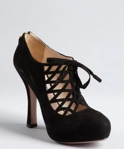 Prada Black Suede Caged Cut-Out Lace-Up Platform Ankle Booties (Suze 38.5) - Picture 1 of 10