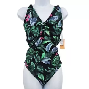 Kona Sol L Floral Tropical Tummy Control Full Coverage Bow 1 Piece Swimsuit NWT - Picture 1 of 10