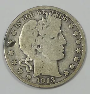 Medio dólar barbero 1913 BUENO/MUY BUENO plata 50c ~ daños superficiales - Imagen 1 de 4