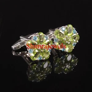 Natural Peridot & Blue Topaz With 18K White Gold Plated Silver Cufflinks #417 - Picture 1 of 11