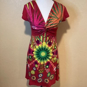 Desigual Red Fit and Flare Mini Dress, Multi-Color Print, V-Neck, Size Medium - Picture 1 of 9