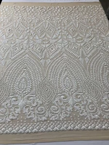 White Sequins Fabric On Nude Mesh 4 Way Stretch, Lace Fabric By The Yard - Picture 1 of 5