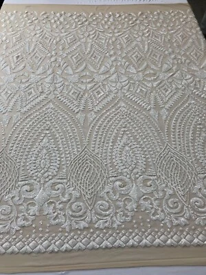 White Sequins Fabric On Nude Mesh 4 Way Stretch, Lace Fabric By The Yard - Image 1 of 4