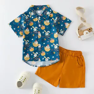 Toddler Baby Boy Outfits Pattern Print Short Sleeve Button Down Shirt and Shorts - Picture 1 of 11