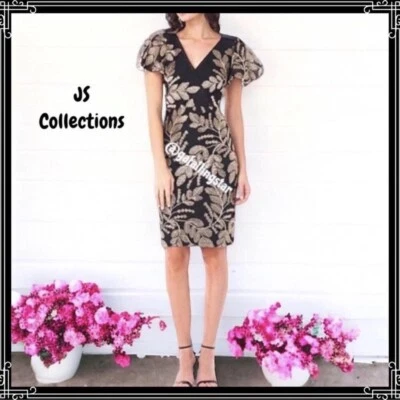 JS Collections Metallic Flutter Sleeve Embroidered Dress Size 4 $268 - Image 1 of 4