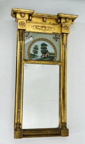 Federal Reverse Painted Two Part Antique Gilt Finish Pier Mirror 32” X 17.5” Cover