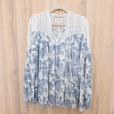 Blusa Boho Denim Supply Ralph Lauren Floral Encaje Talla L Blanca Azul Casa de Campo Foto 1 de 4