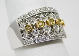 18 kt Multi Gold Wide White & Yellow Diamond Filigree Band Ring Sz 7.5 B6473 - Picture 1 of 7
