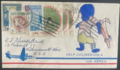 Santiago República Dominicana 1963 dibujo a mano correo aéreo cubierta a Estados Unidos ayuda a niños Foto 1 de 2