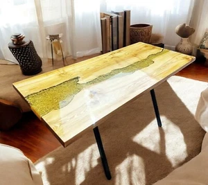 48"x36" Yellow Epoxy Resin Top Center Sofa Dining Table Top Wooden Live Edge Dec - Picture 1 of 8