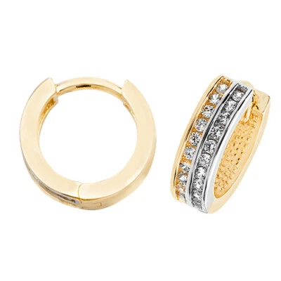 35% OFF 9CT HALLMARKED YELLOW & WHITE GOLD 12MM CHANNEL SET HUGGIE EARRINGS - Image 1 of 4