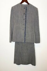 BILL BLASS Black Beige Blue Linen Blend 2pc Suit SET Blazer Jacket + Skirt 8 M