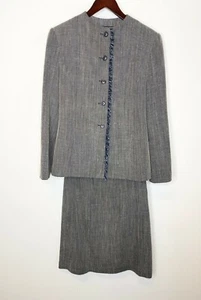 BILL BLASS 2pc Black Beige Blue Linen Blend Suit SET Blazer Jacket + Skirt 8 M - Picture 1 of 8