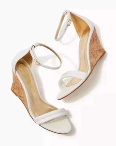 LILLY PULITZER WOMEN'S WEDGE SANDALS/SHOES JENNA 3" CORK HEEL WHITE LEATHER Sz 8 - Picture 1 of 12