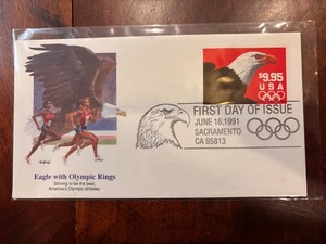 #2541 Eagle & Olympic Rings 1991 FDC $9.95 Stamp Sacramento CA Fleetwood Cover ! - Picture 1 of 1